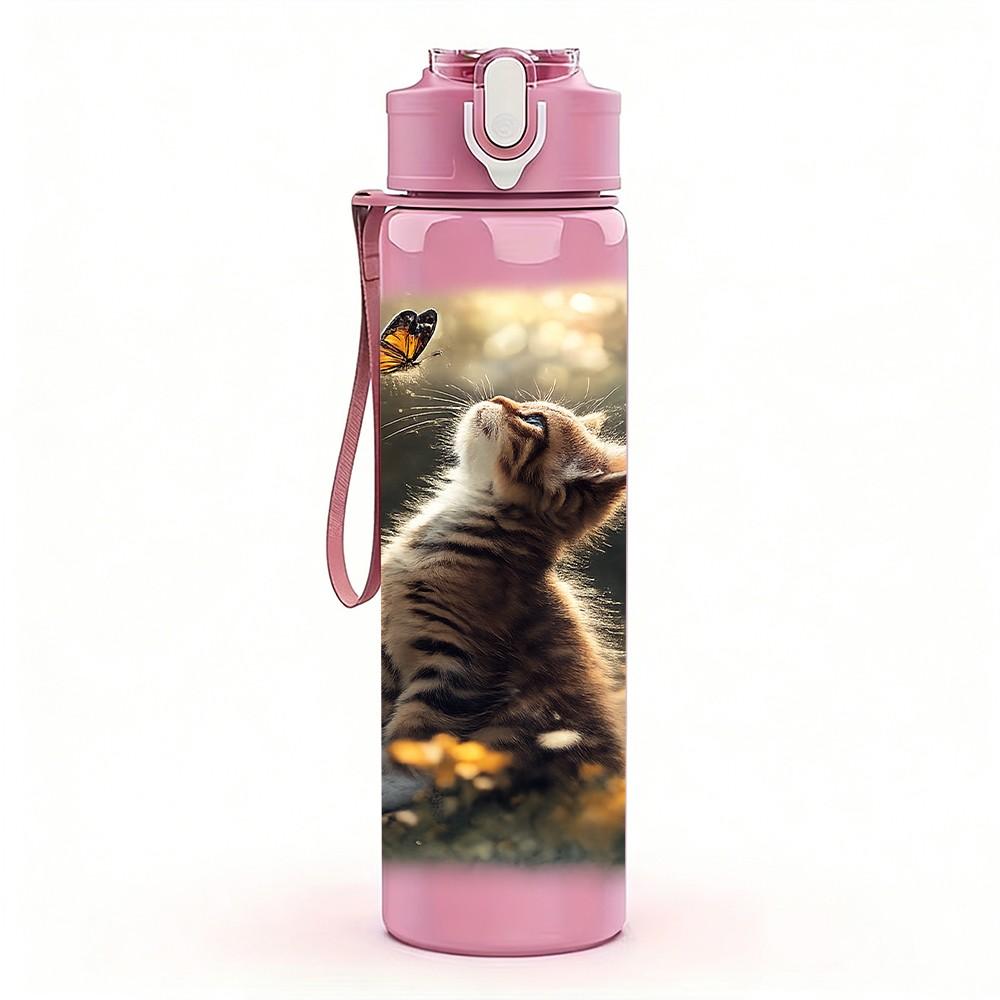 1PC Kitten Night Moon Forest Print 750ml Color Plastic Sports Water Bottle Leakproof Flip Straw Lid Suitable for Sports Office Home Use