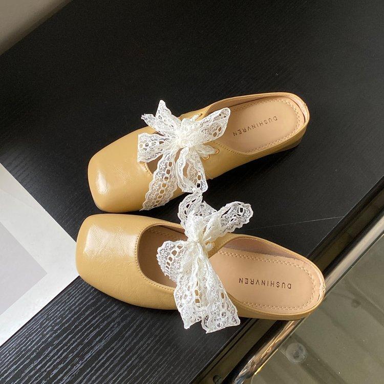 Lace Bow Outer Wear Half Slippers Women's Spring and Summer New Silver Thick Heel Soft Leather Shoes Bag Head Slippers