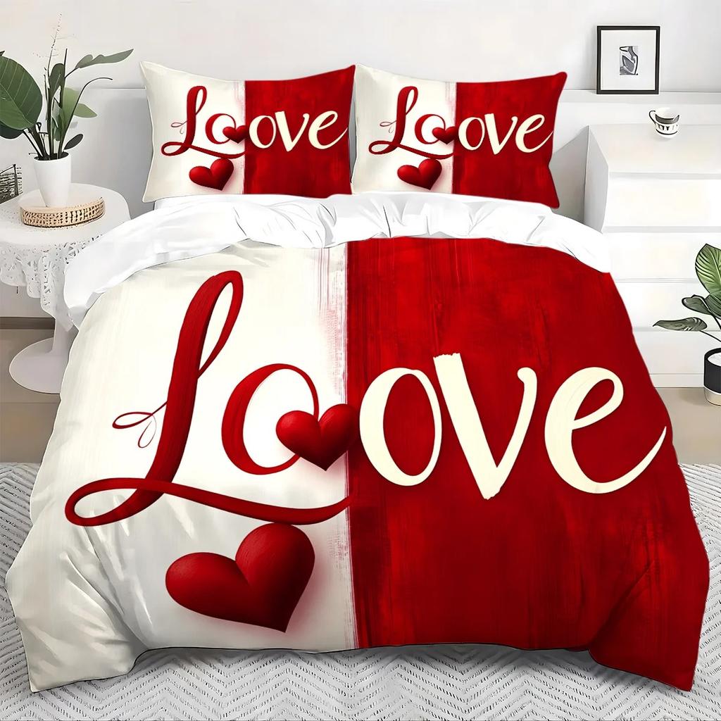 Valentine'S Day Duvet Cover Set Romantic Red Love Heart King Queen Twin Single Size 228X228 For Couple Bedroom Decor Gift