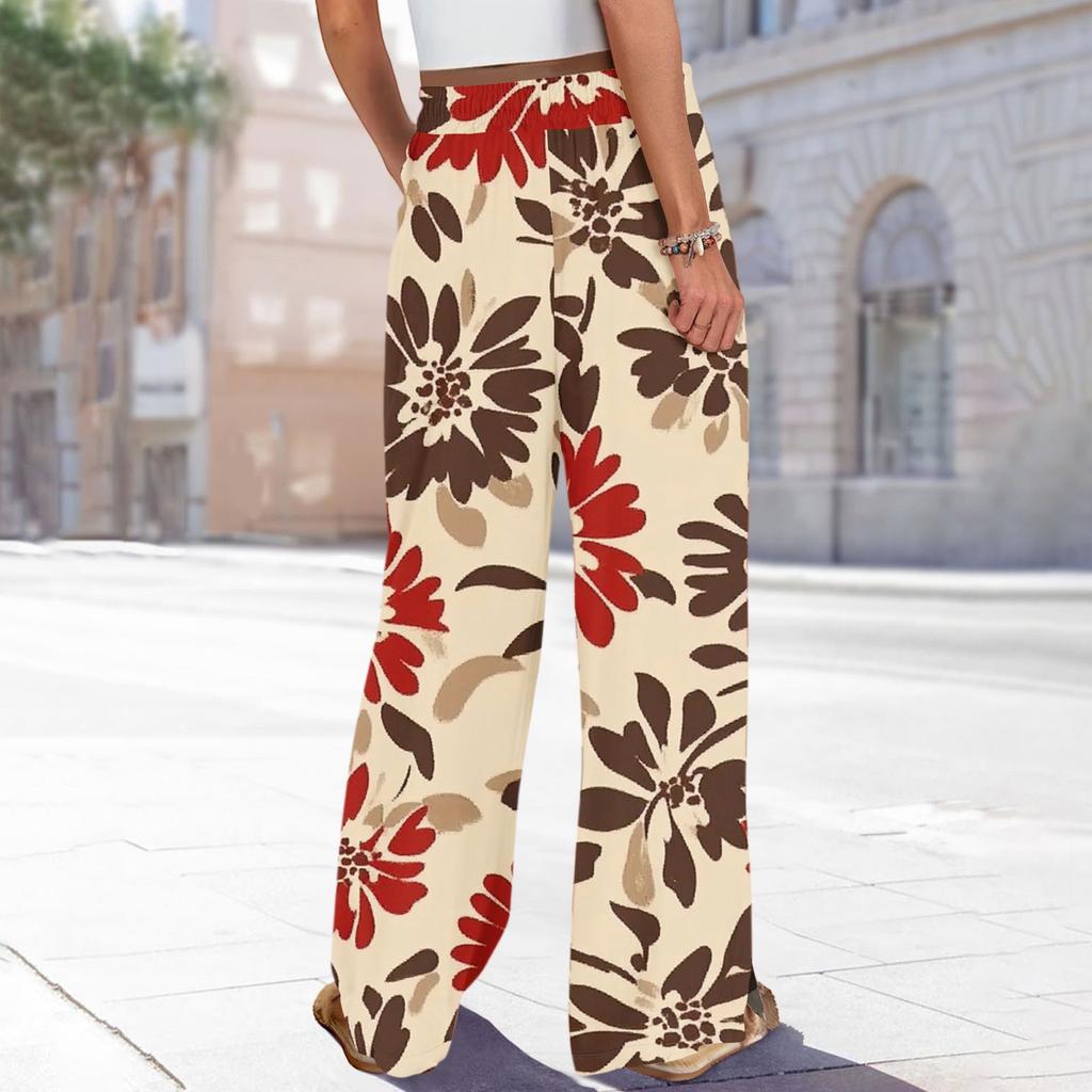 Women's Printed Wide Leg Pants With Pockets High Waist Drawstring Loose Casual Pants