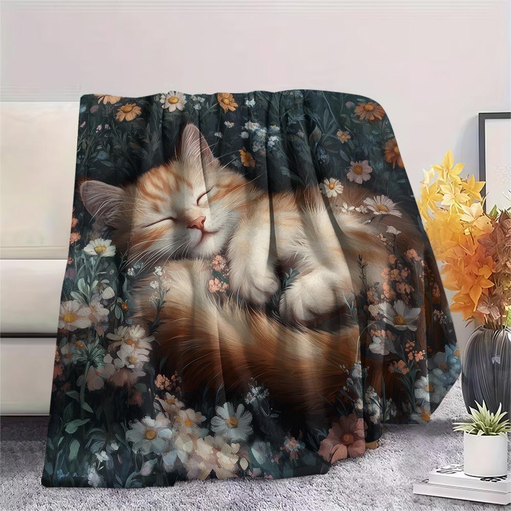 Sleeping Cats Print Flannel Blanket, High Quality Comfortable for All Seasons, Home Decor, Warmth and Comfort