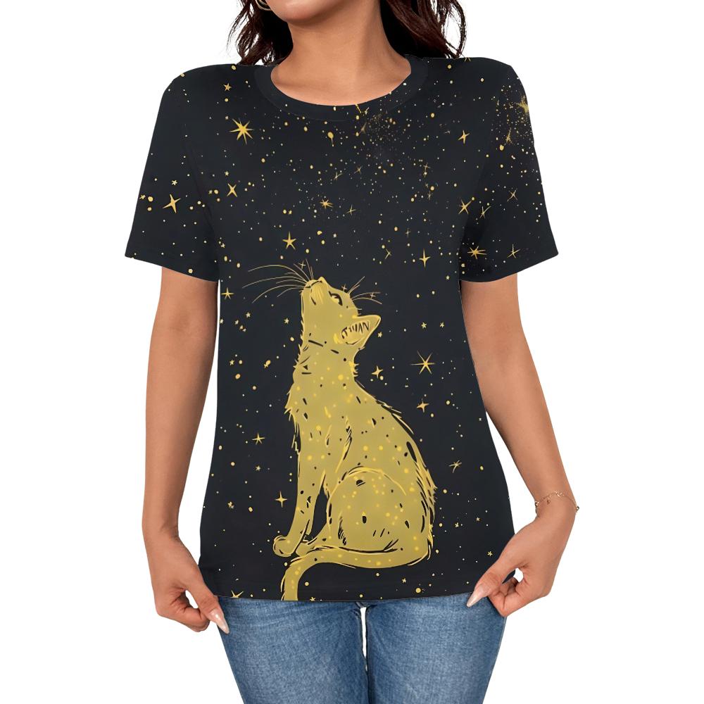 

Women s casual fashion summer hot item art yellow cat 3D printed short sleeved T-shirt women s simple and elegant T-shirt top S