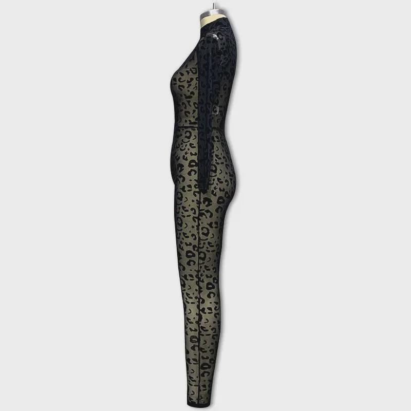 Women's European & American Style See-Through Slim Long Sleeve Flocking Jumpsuit