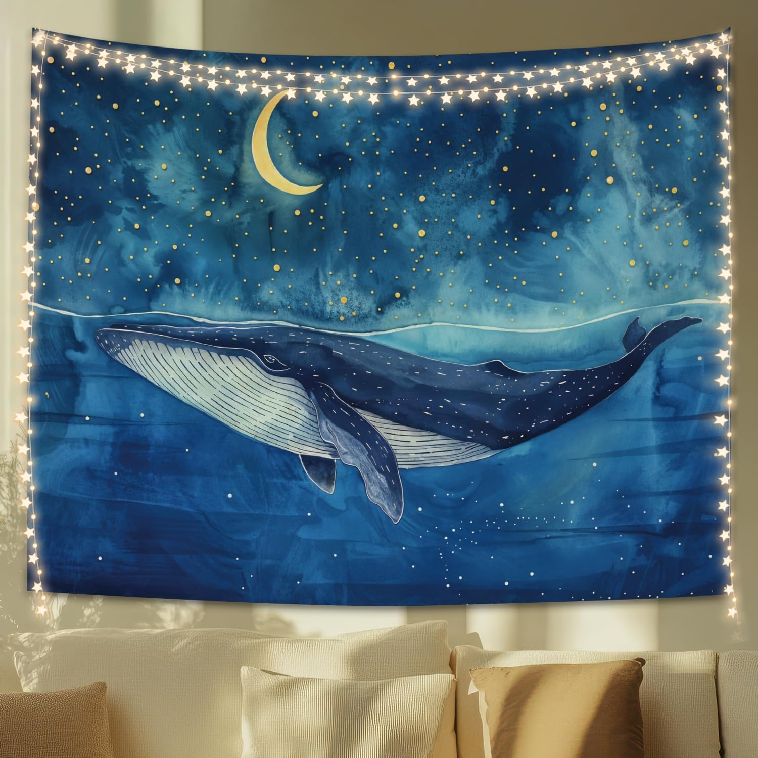 

Whale Ocean Tapestry Starry Night Sea Wall Art Blue Nursery Decor for Kids Bedroom Dorm 50x60 Inches 74x94cm(29x37in)