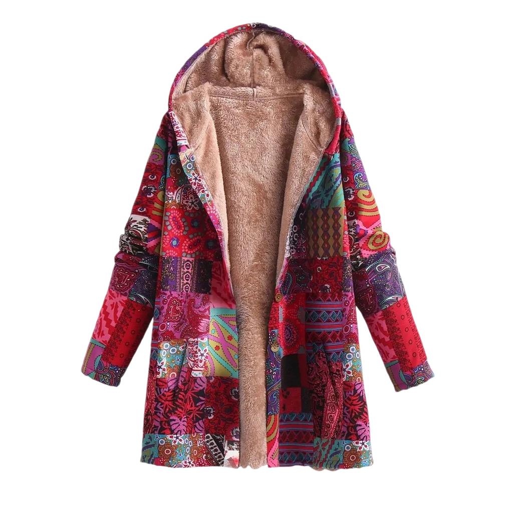 Womens Winter Button Patchwork Fleece Hooded Jacket Coat Long Sleeve Warm Liner Pocket Coat