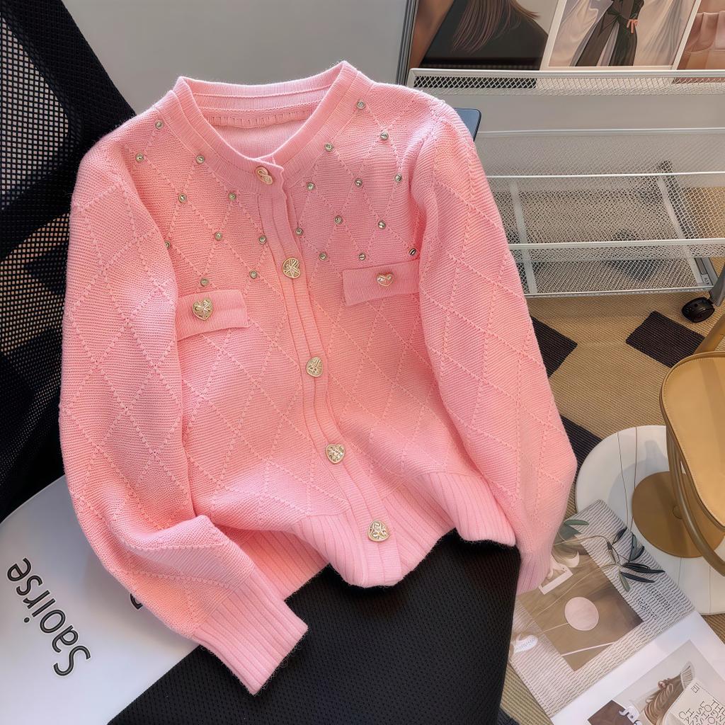 Knitted Wool European and American Small Fragrance Style Socialite Style Round Neck Cardigan with Women's Pattern Diamond Grid Texture Coat