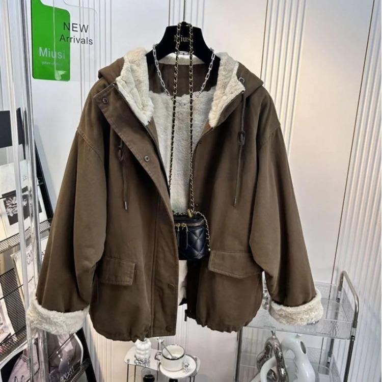 

Winter Women Oversize Coat Cotton Velvet Jacket Hooded Thickened Windbreaker Loose Casual Top M серый