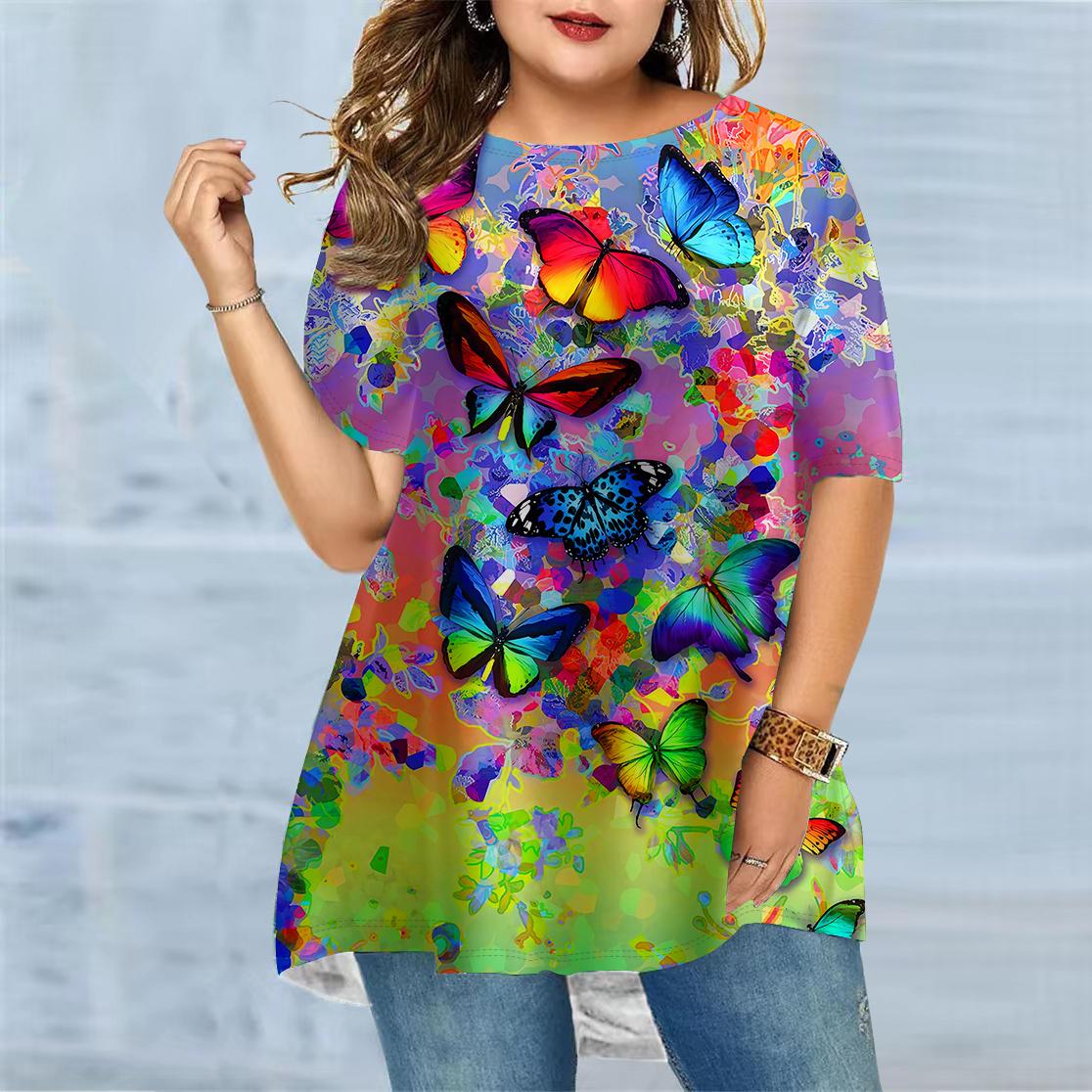 

Зручна жіноча літня футболка з принтом у формі віяла з круглим вирізом і короткими рукавами, повсякденна мішкувата футболка середньої довжини 2XL зелений