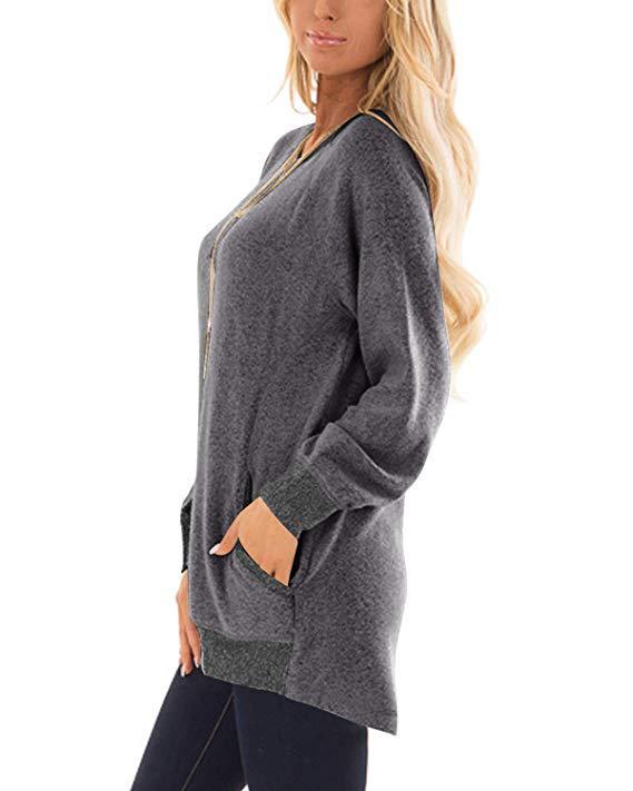Sweatshirt à col rond bloc de couleur avec poche pour femme - Manches longues T-shirt décontracté