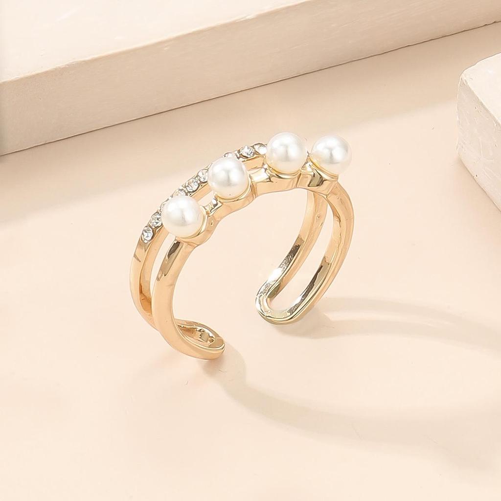 Chic Double Layer Pearl Alloy Geometric Open Ring - Unique Design