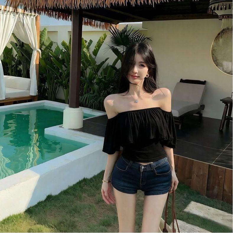 One-word Shoulder Ruffle Edge Super Fairy Short-sleeved T-shirt Women's Summer Pure Desire Hot Girl Sexy Off-the-shoulder Top Is Huge and Beautiful