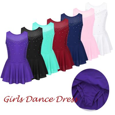 Kids Girls Sleeveless Shiny Rhinestones Figure Ice Skating Dress Gymnastics Dance Leotard Dress