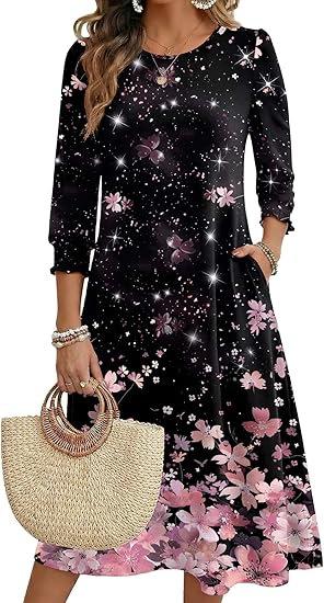 Women's Summer, Pocket Seven-Sleeve Floral Medium and Long Casual Dress