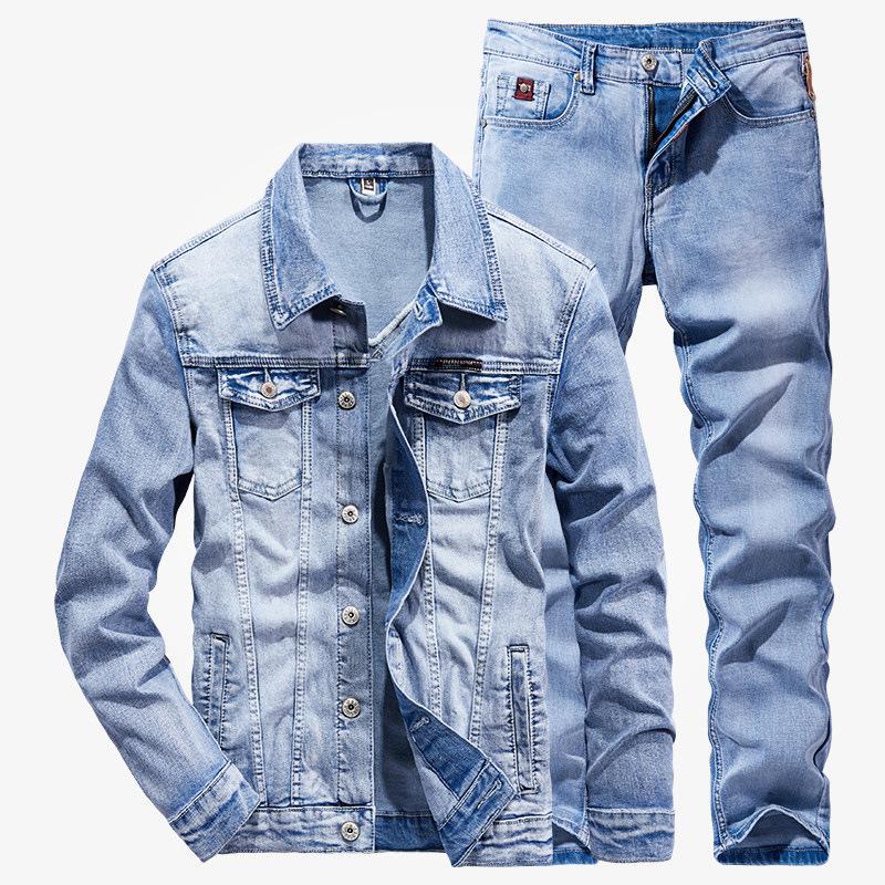 Herren Einfacher Slim Fit Stretch Denim Anzug, Langarmjacke und Hose, Business Casual Jeanssets, Frühling Alltagskleidung, 2-teilig