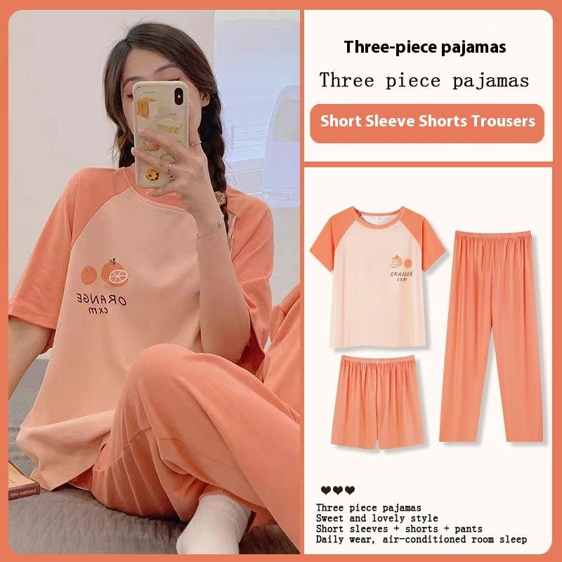 Women's Three-piece Pajamas, Women's Students Short-sleeved Recreational Sports, Spring and Summer Loose Pajamas