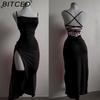 BITCED Women's Sexy Strappy Split Dress Fitted Back with Tie-Up Detail Exposed Back Summer Party Maxi Dress