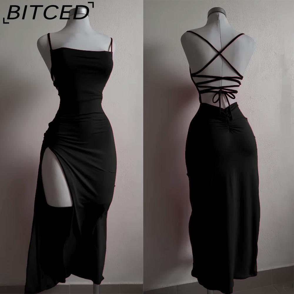 BITCED Women's Sexy Strappy Split Dress Fitted Back with Tie-Up Detail Exposed Back Summer Party Maxi Dress