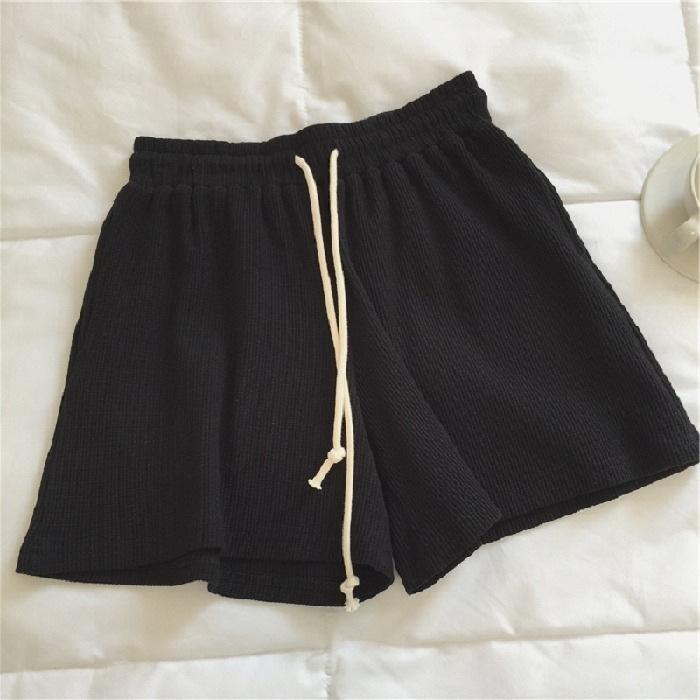 Women's Mid Rise Drawstring Shorts Loose Fit Sweatshorts Waffle Knit Solid Color Casual Wide Leg Three Quarter Summer Sports Shorts
