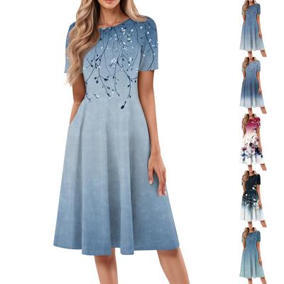 Women's Casual Fashion Round Neck Short Sleeve Print Midi Dress