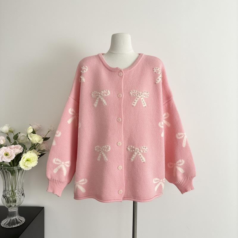 Damen Lockerer Rundhals Schleife Perlenbesetzter Pullover Jacke Herbst- und Winterdesign Altersreduzierender Cardigan Top