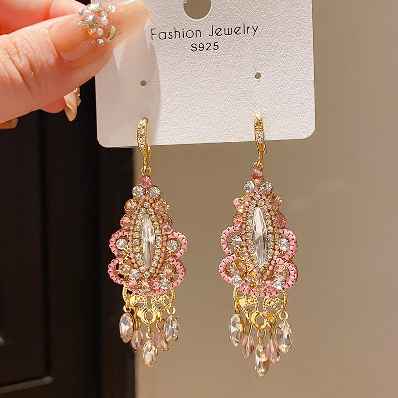

Elegant Rhinestone Water Drop Tassel Earrings - Retro European & American Style
