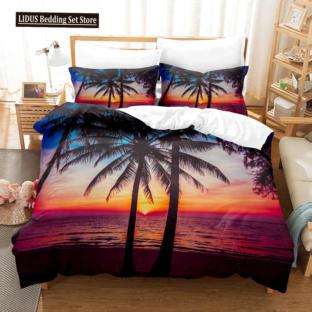 Zestaw Poszwy na Kołdrę Krajobrazowy Rozmiar King Full Letni Palmy Plaża Fale Morskie Motyw Oceaniczny Dla Dzieci Dziewczynka Chłopcy Poliestrowy Zestaw Pościeli
