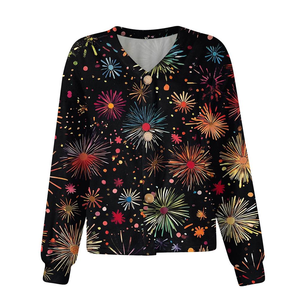 Women's Fashion Short Coat Casual Long Sleeve Printed Single Breasted Plush Top