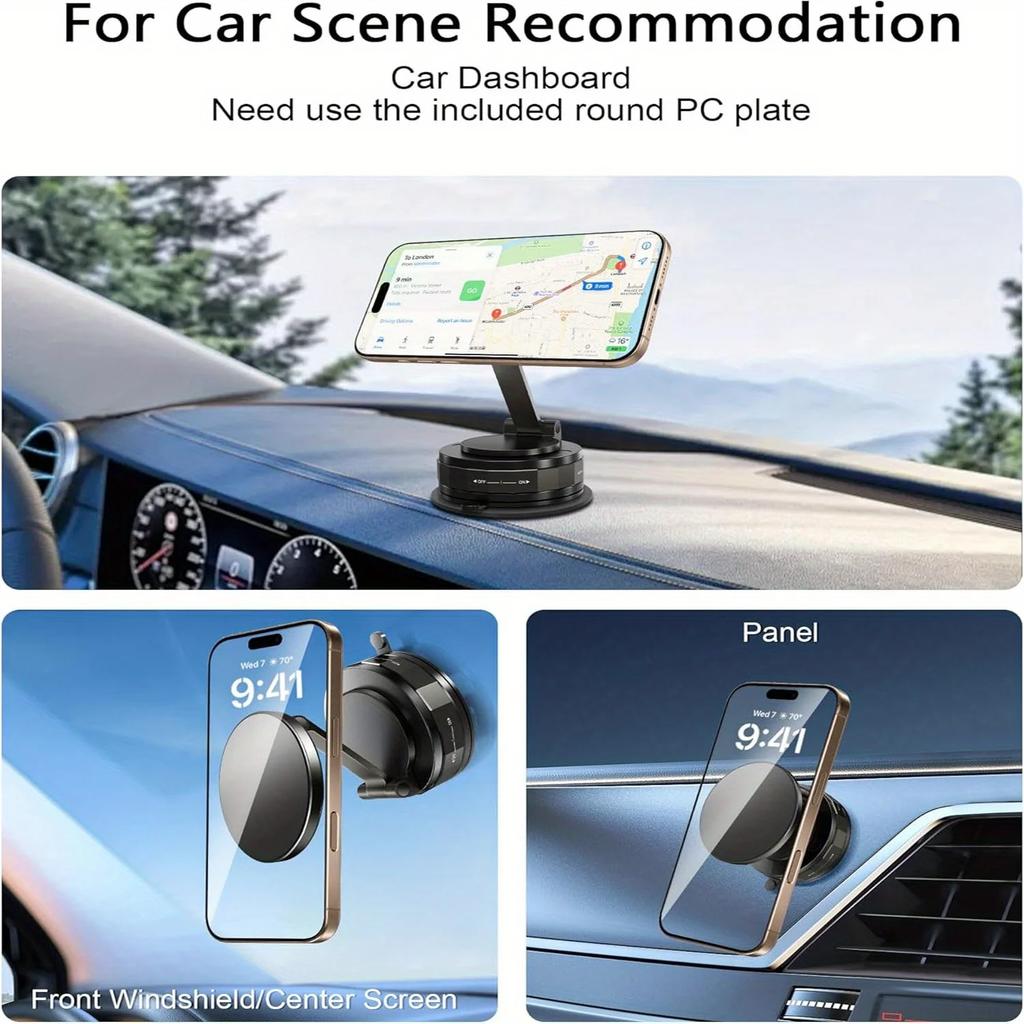 Vacuum Magnetic Car Phone Holder with Mount Pad – 360° Reinforced 96LBS Ultra Suction Cup Phone Mount for MagSafe Cell Phones
