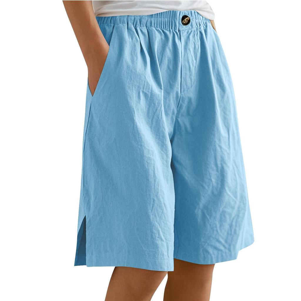 Women's Fashion Solid Color Pants Pocket Button Up Capris Loose Elastic Waist Cotton Linen Shorts