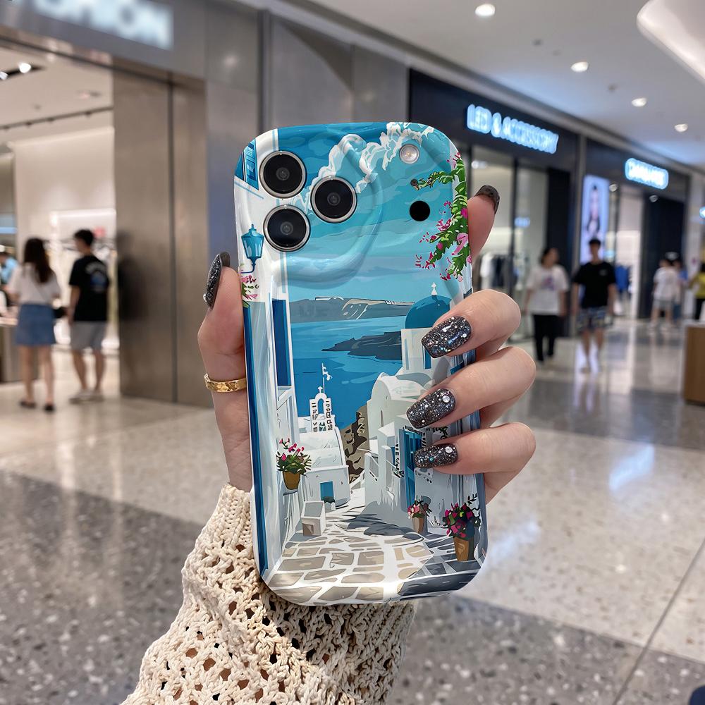 Santorini Island Aegean Sea Landscape Wavy Edge Phone Case For iPhone 16 15 14 Pro Max 13 12 11 Mini XR XS SE 2020 7 8 Plus Air Cover