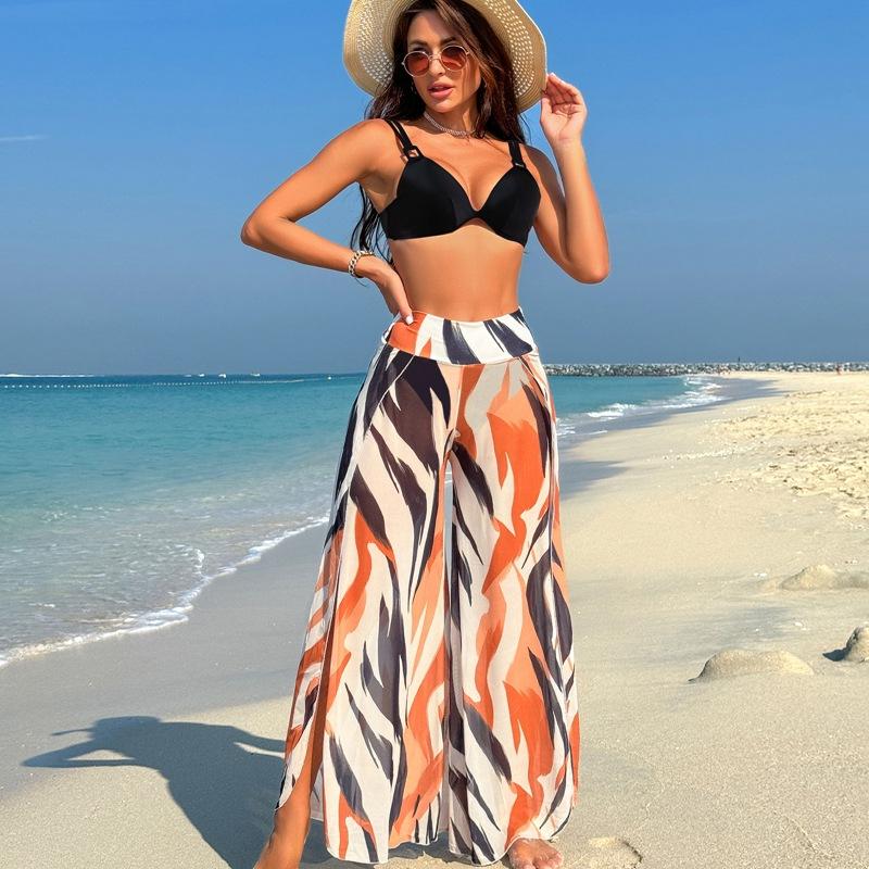 Women Three Piece Printed Bikini Long Pants Swimwear Bathing Suit
