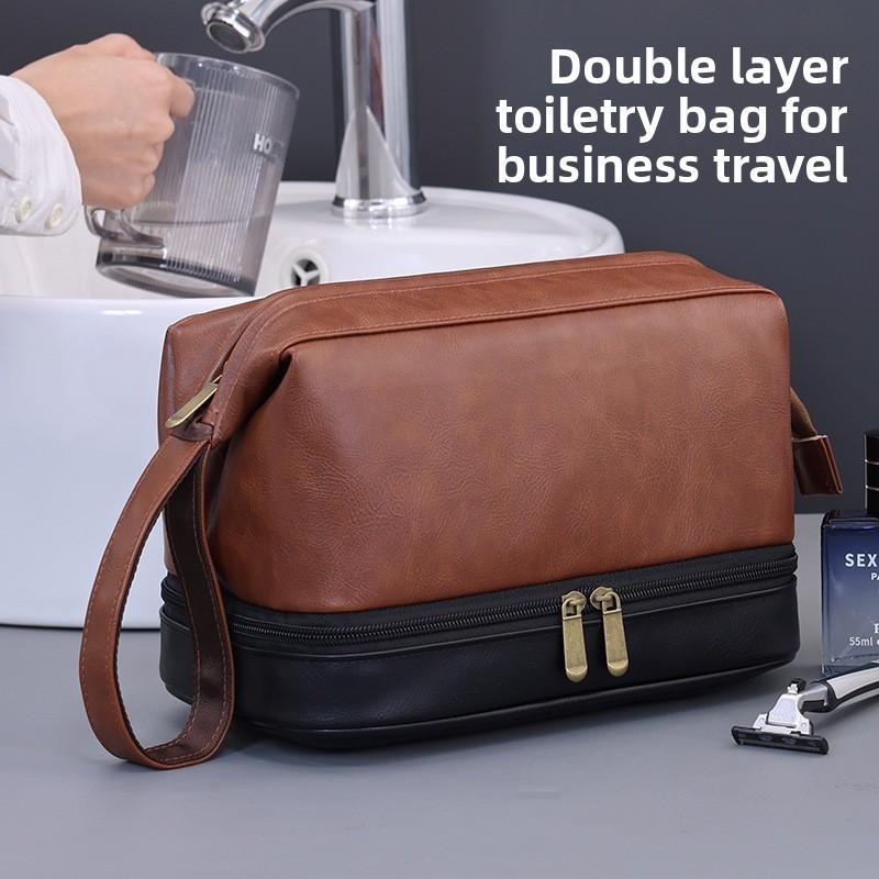 Vintage Luxury Double Layer Mens Wash Bag With Waterproof Pu Material For Travel And Daily Use