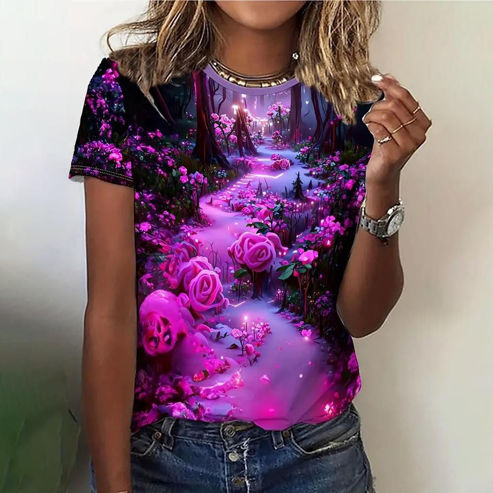 

3d Rose Print Women s T-Shirts Fashion Casual Women Short Sleeve O-Neck Female Harajuku Clothing 2025 Summer XXS