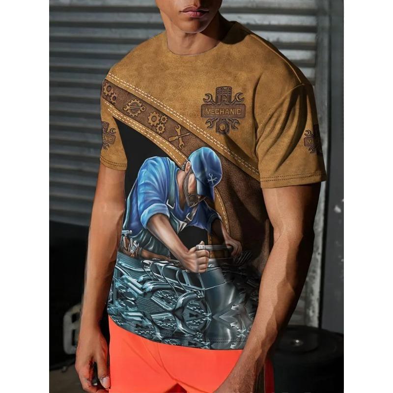 Summer Round Neck Mechanic T-shirts 3D Print Mechanic Engine Graphic Top Fashionable Casual Short Sleeved  Men's T-shirts