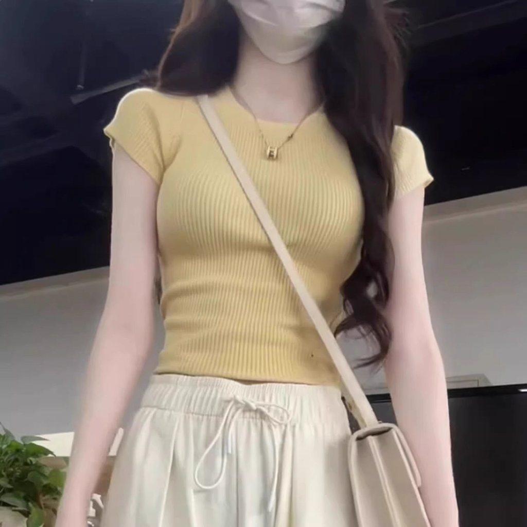 Dopamine Yellow Knit Ice Silk Sleeveless Tshirt For Summer Fashion Women