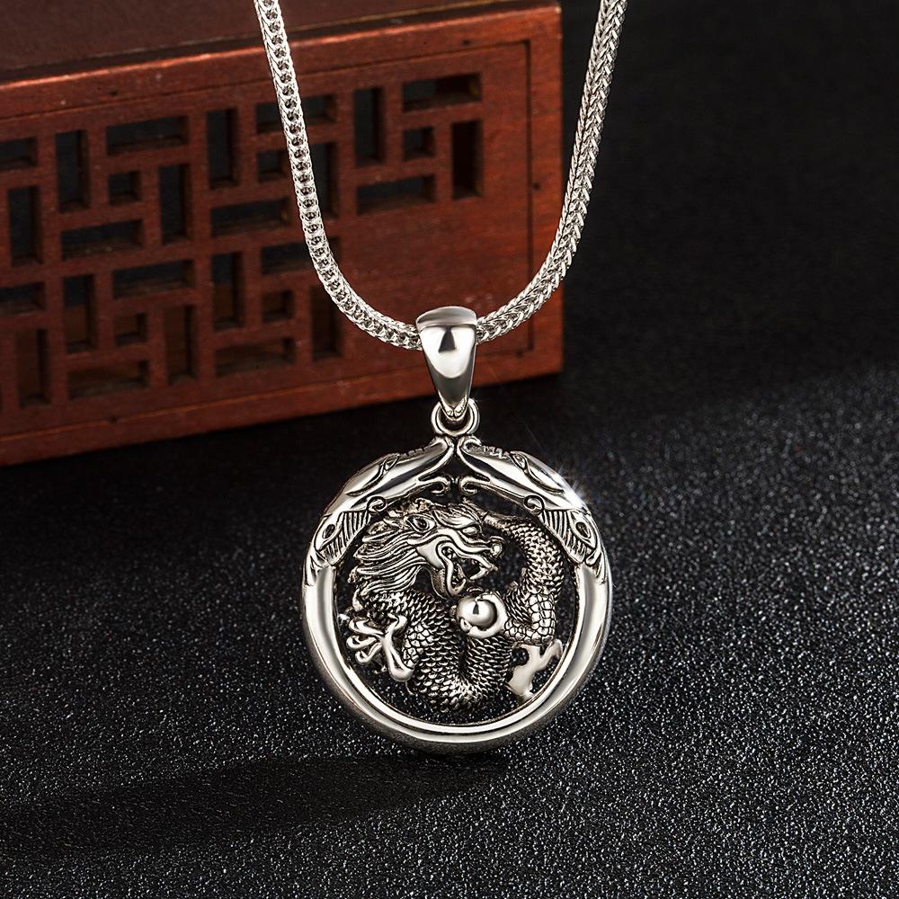 Vintage Men'S Dragon Ring Pendant Necklace Trendy Men'S Copper Electroplated Thick Rhodium Imitation Thai Silver Jewelry