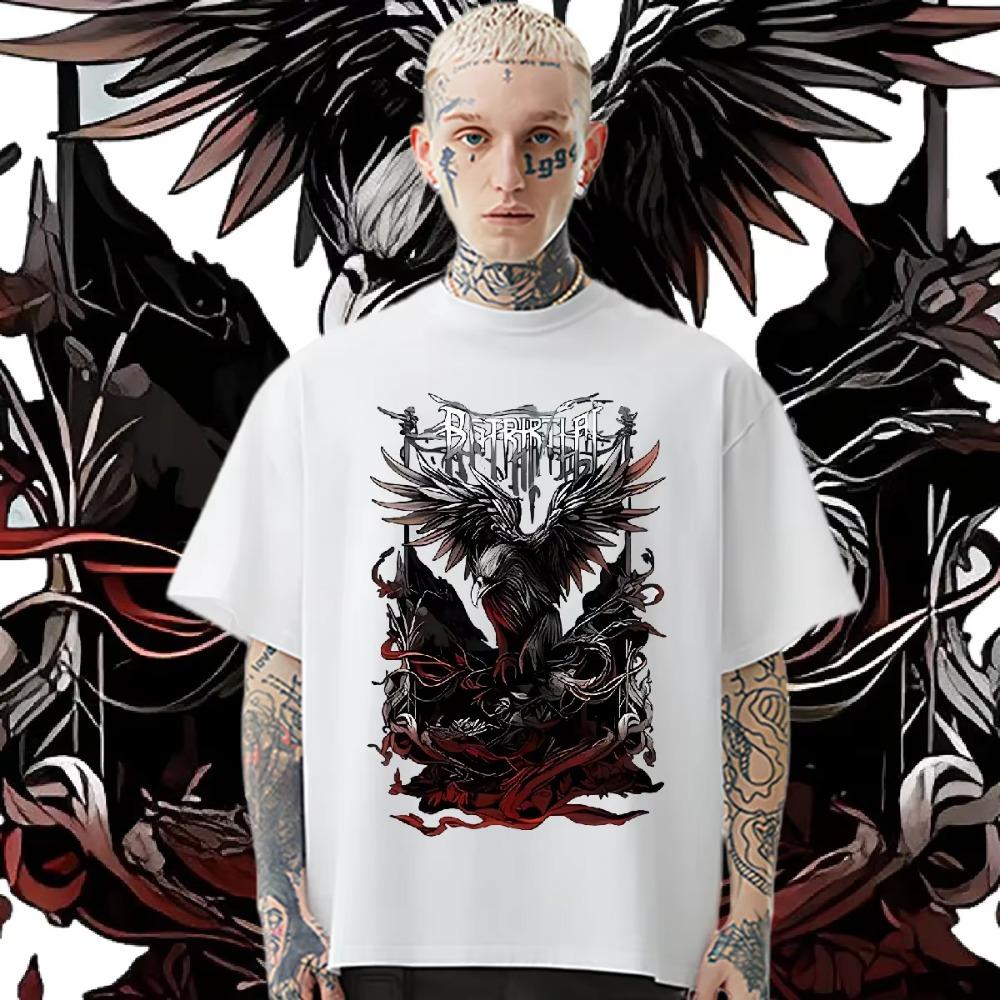 Black Wings Raven T Shirt Oversized Milk Fiber Tees Retro Men Tops High Quality Loose Tshirt Fashion Street Tops