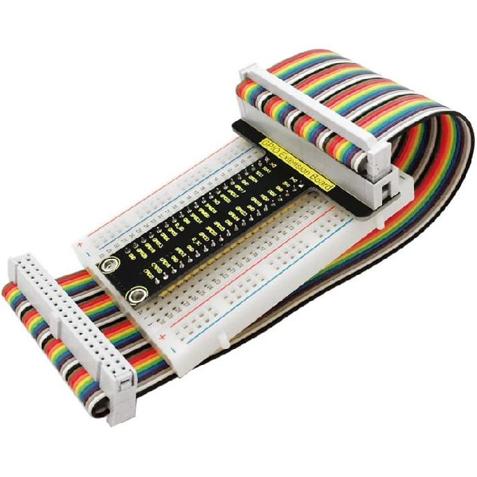 KEYESTUDIO GPIO Breakout Kit for Raspberry Pi - Assembled Pi Breakout + Rainbow Ribbon Cable + 400 Tie Points Solderless Breadboard
