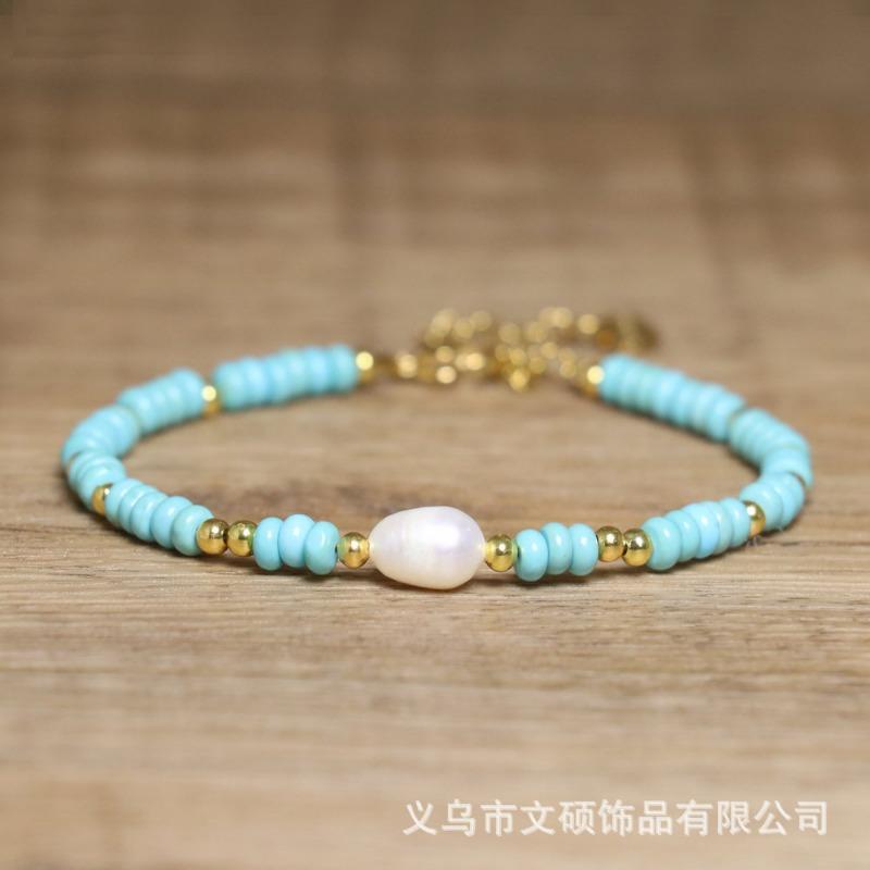 Colorful Beaded Pearl Bracelet – Gold Accent Dainty Jewelry, Elegant Joy Gift for Women
