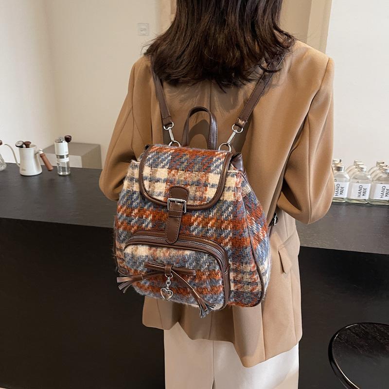 2025 New Contrasting Color Backpack Fashion Gradual Change Plaid College Bag Suede Retro Shoulder Backpack