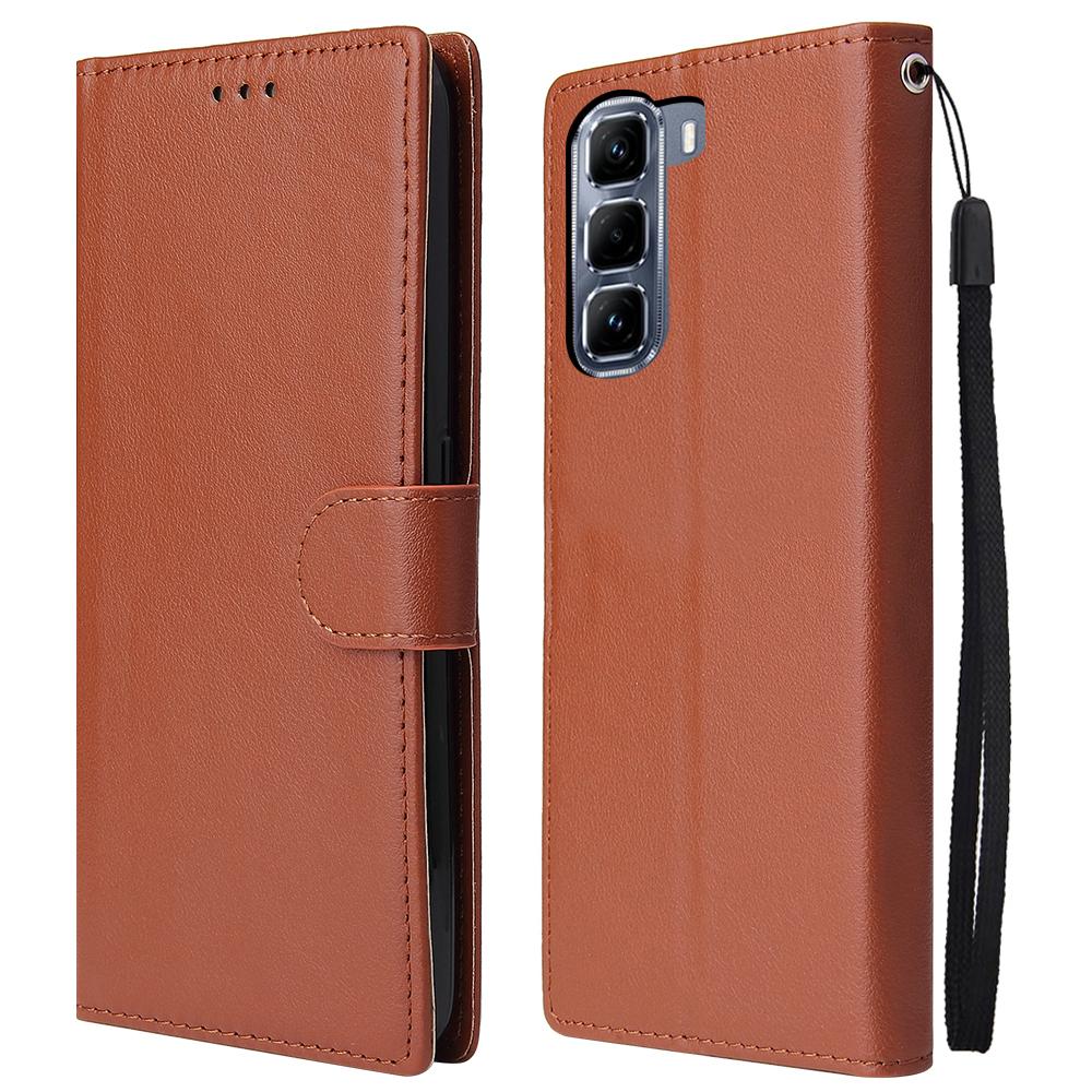 

For Infinix Hot 50 4G Case Wallet Stand View PU Leather Phone Cover with Wrist Strap Brown