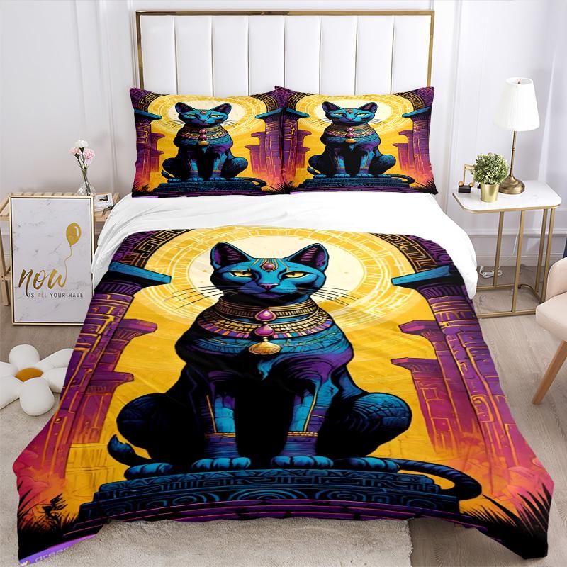 3pcs Egyptian Cat Statue Duvet Cover Set -Includes 1 Duvet Cover and 2 Pillowcases, No Quilt Core, All-Season Home Decor yy251111094