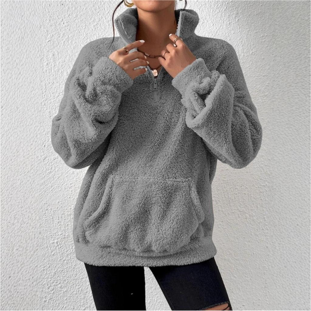 Women's High Neck Long Sleeve Loose Fit Fleece Half Zip Pullover Sweatshirt Autumn Commuter Wear