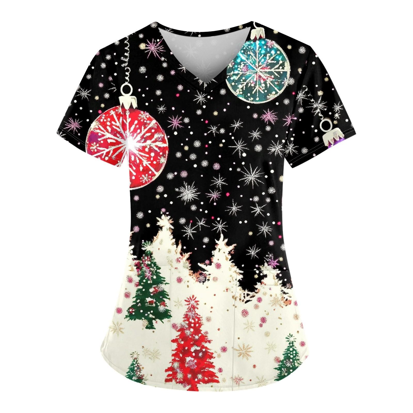 

Женский свободный облегающий топ с принтом рождественского снеговика и V-образным вырезом, короткими рукавами и карманами M белый