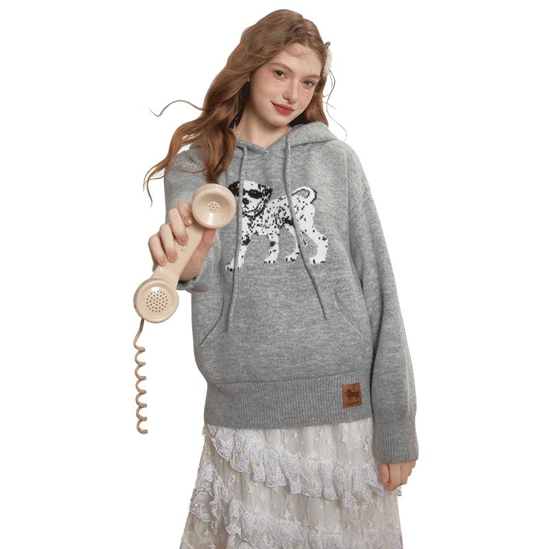 

UNIFREE Thick Puppy Jacquard Hooded Knit Sweater One Size