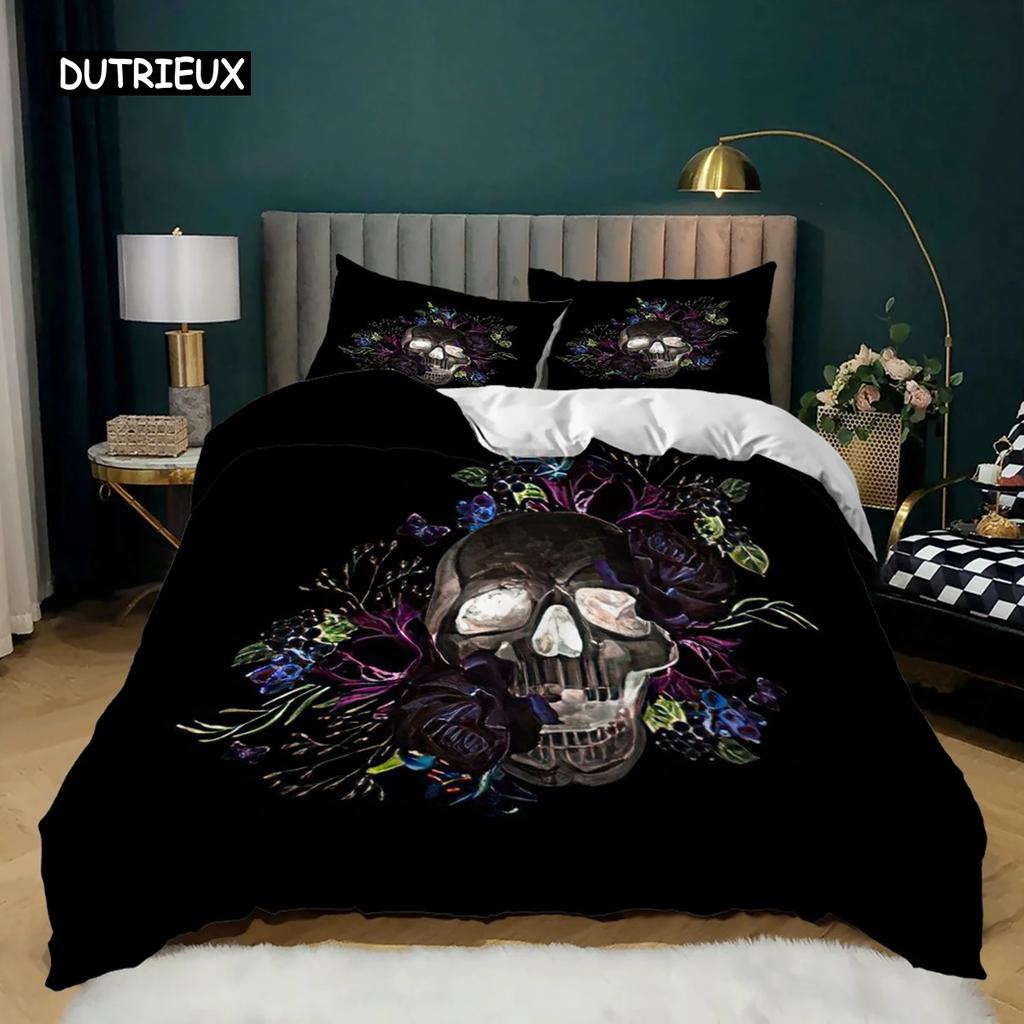 Skull Duvet Cover Queen Size Gothic Skeleton Bedding Set Rose Flower Polyester Comforter Cover for Kids Teens Adults Halloween