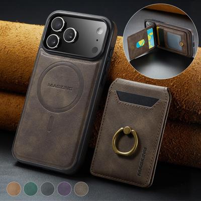 Ring Detachable Magnetic Leather Phone Wallet Case Stand For Magsafe iPhone 17 16 15 14 Plus 13 12 Pro Max Samsung S26 S25 S24 FE ID Card Holder Cover