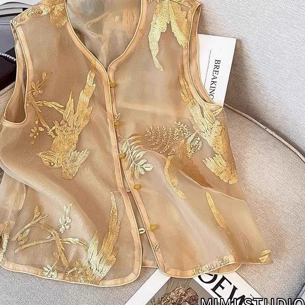 

Cardigan Chinese button-up jacquard embroidery 2025 vest vest summer new vest sleeveless top 3XL (recommended 138-75kg)