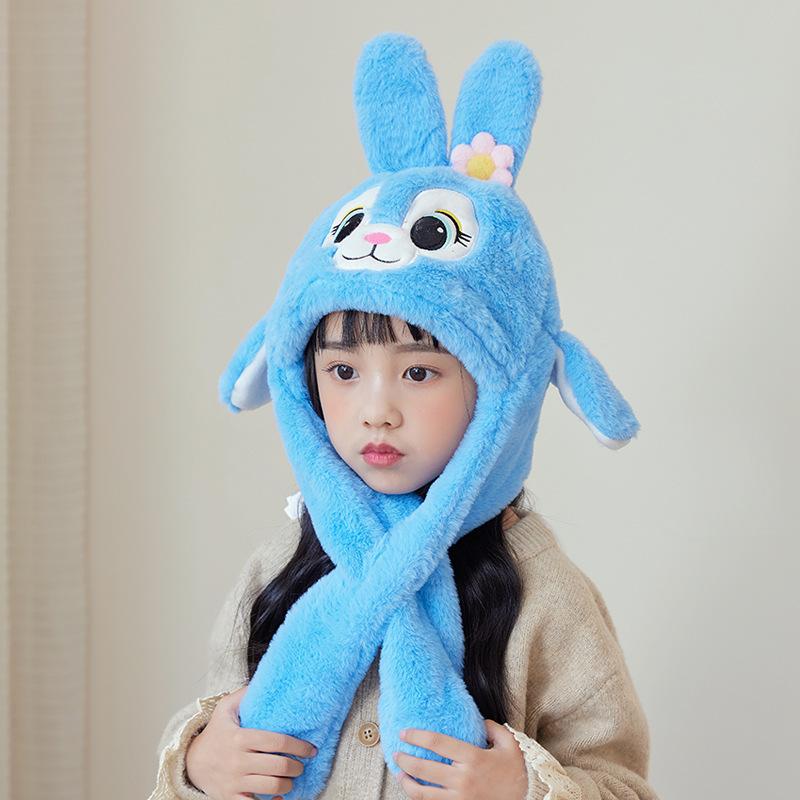 Children's hats, ears move, cartoon rabbit scarves, all-in-one hats, boys and girls, winter ear protectors, pullovers.
