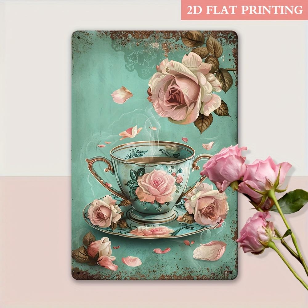 2D Flat, Vintage Tea Party Aesthetic Wall Art - 2D Flat Printed Metal Tin Sign, 8x12 Inches, Rustic Teapot & Roses Design for Ca
